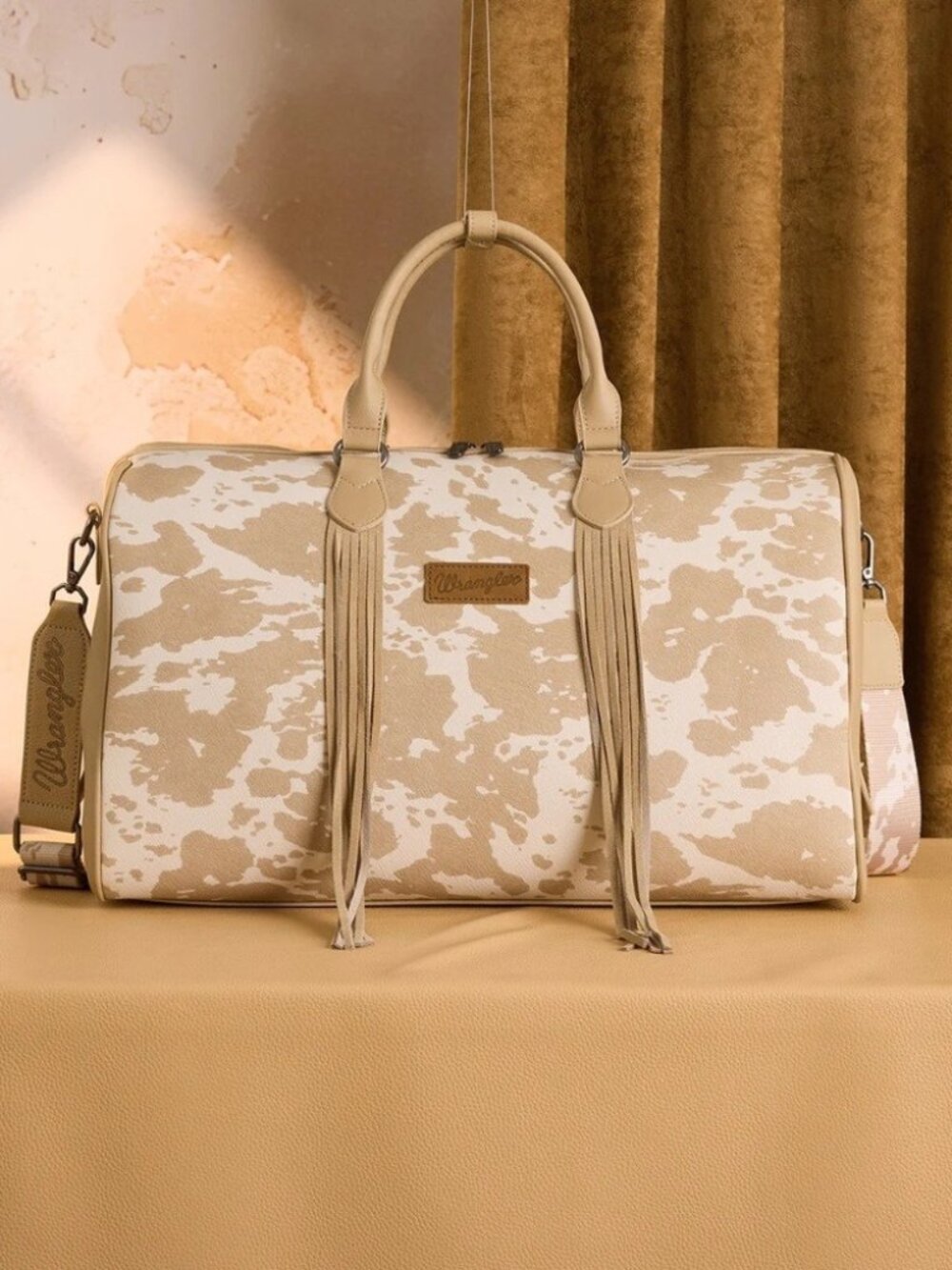 Wrangler Cow Print Fringe Duffle/Crossbody- Tan